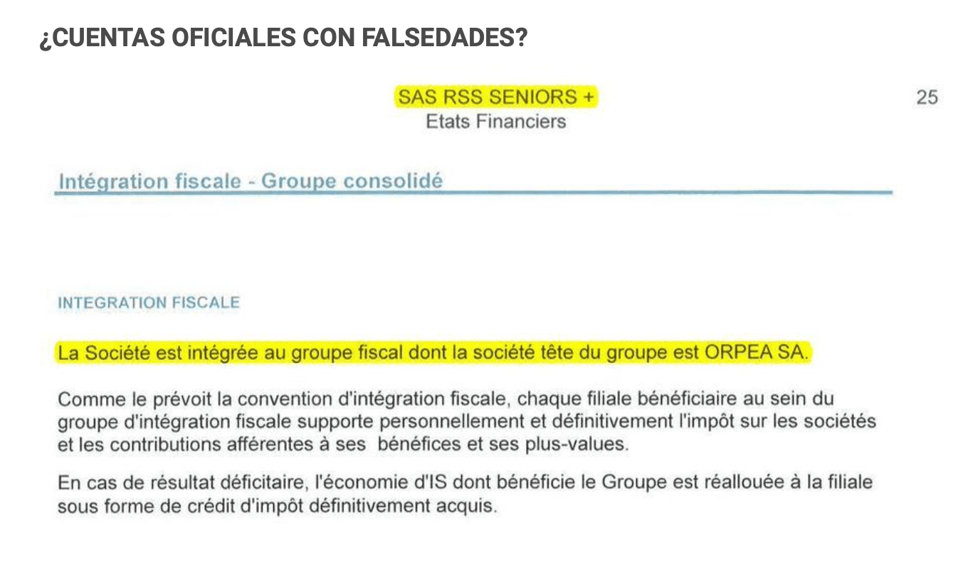 Cuentas de RSS Seniors+ donde consta qué forma parte del grupo fiscal de Orpea.